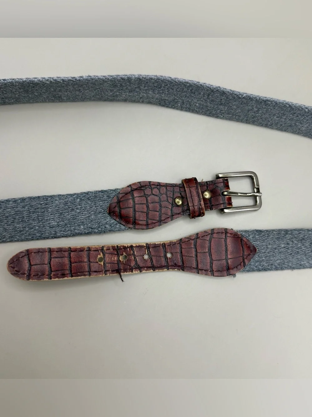 Vintage Leather Brown Grey Fabric Belt 39”